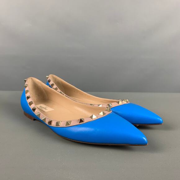 VALENTINO Size 10 Blue Nude Leather Contrast trim Flats - Picture 1 of 9